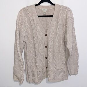 L.L. Bean Seeater Womens Large Beige Cable Knit Cardigan Wool Cotton Fishermans